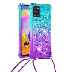 Funda Silicona Carcasa Goma Bling-Bling con Acollador Cordon Lanyard S01 para Samsung Galaxy A31 Azul Cielo