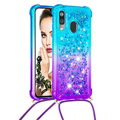 Funda Silicona Carcasa Goma Bling-Bling con Acollador Cordon Lanyard S01 para Samsung Galaxy A40 Azul Cielo