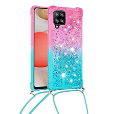 Funda Silicona Carcasa Goma Bling-Bling con Acollador Cordon Lanyard S01 para Samsung Galaxy A42 5G Rosa