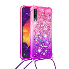 Funda Silicona Carcasa Goma Bling-Bling con Acollador Cordon Lanyard S01 para Samsung Galaxy A50S Rosa Roja