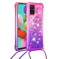Funda Silicona Carcasa Goma Bling-Bling con Acollador Cordon Lanyard S01 para Samsung Galaxy A51 4G Rosa Roja