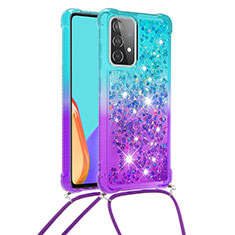 Funda Silicona Carcasa Goma Bling-Bling con Acollador Cordon Lanyard S01 para Samsung Galaxy A52s 5G Azul Cielo