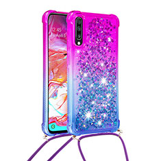 Funda Silicona Carcasa Goma Bling-Bling con Acollador Cordon Lanyard S01 para Samsung Galaxy A70 Morado