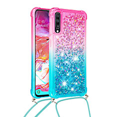 Funda Silicona Carcasa Goma Bling-Bling con Acollador Cordon Lanyard S01 para Samsung Galaxy A70 Rosa