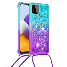 Funda Silicona Carcasa Goma Bling-Bling con Acollador Cordon Lanyard S01 para Samsung Galaxy F42 5G Azul Cielo