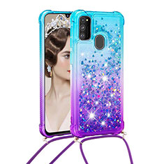 Funda Silicona Carcasa Goma Bling-Bling con Acollador Cordon Lanyard S01 para Samsung Galaxy M30s Azul Cielo