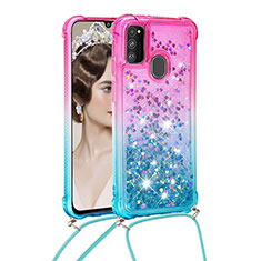 Funda Silicona Carcasa Goma Bling-Bling con Acollador Cordon Lanyard S01 para Samsung Galaxy M30s Rosa