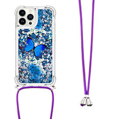 Funda Silicona Carcasa Goma Bling-Bling con Acollador Cordon Lanyard S02 para Apple iPhone 13 Pro Azul