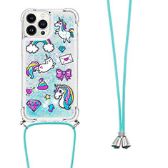 Funda Silicona Carcasa Goma Bling-Bling con Acollador Cordon Lanyard S02 para Apple iPhone 13 Pro Azul Cielo