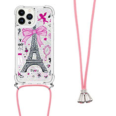 Funda Silicona Carcasa Goma Bling-Bling con Acollador Cordon Lanyard S02 para Apple iPhone 14 Pro Blanco