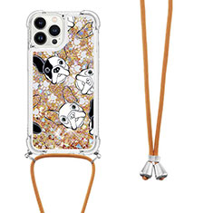 Funda Silicona Carcasa Goma Bling-Bling con Acollador Cordon Lanyard S02 para Apple iPhone 14 Pro Oro