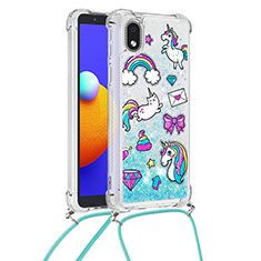 Funda Silicona Carcasa Goma Bling-Bling con Acollador Cordon Lanyard S02 para Samsung Galaxy A01 Core Azul Cielo