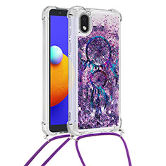 Funda Silicona Carcasa Goma Bling-Bling con Acollador Cordon Lanyard S02 para Samsung Galaxy A01 Core Morado