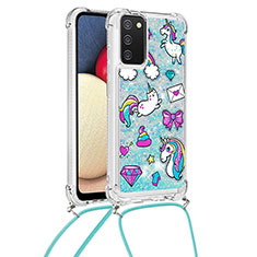 Funda Silicona Carcasa Goma Bling-Bling con Acollador Cordon Lanyard S02 para Samsung Galaxy A02s Azul Cielo