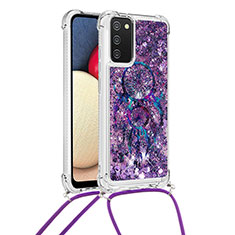 Funda Silicona Carcasa Goma Bling-Bling con Acollador Cordon Lanyard S02 para Samsung Galaxy A02s Morado