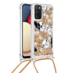 Funda Silicona Carcasa Goma Bling-Bling con Acollador Cordon Lanyard S02 para Samsung Galaxy A02s Oro