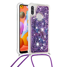 Funda Silicona Carcasa Goma Bling-Bling con Acollador Cordon Lanyard S02 para Samsung Galaxy A11 Morado