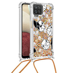 Funda Silicona Carcasa Goma Bling-Bling con Acollador Cordon Lanyard S02 para Samsung Galaxy A12 Oro