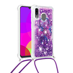 Funda Silicona Carcasa Goma Bling-Bling con Acollador Cordon Lanyard S02 para Samsung Galaxy A20 Morado