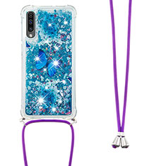 Funda Silicona Carcasa Goma Bling-Bling con Acollador Cordon Lanyard S02 para Samsung Galaxy A50S Azul