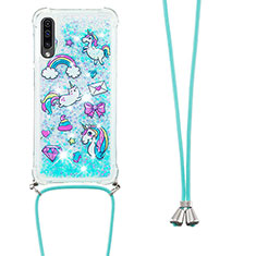 Funda Silicona Carcasa Goma Bling-Bling con Acollador Cordon Lanyard S02 para Samsung Galaxy A50S Azul Cielo