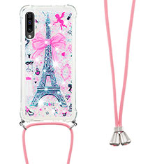 Funda Silicona Carcasa Goma Bling-Bling con Acollador Cordon Lanyard S02 para Samsung Galaxy A50S Rosa