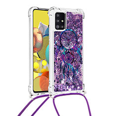 Funda Silicona Carcasa Goma Bling-Bling con Acollador Cordon Lanyard S02 para Samsung Galaxy A51 4G Morado