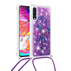 Funda Silicona Carcasa Goma Bling-Bling con Acollador Cordon Lanyard S02 para Samsung Galaxy A70 Morado