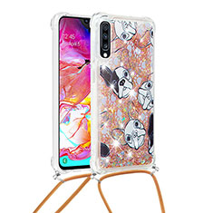 Funda Silicona Carcasa Goma Bling-Bling con Acollador Cordon Lanyard S02 para Samsung Galaxy A70 Oro