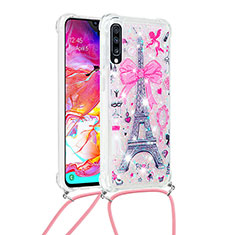 Funda Silicona Carcasa Goma Bling-Bling con Acollador Cordon Lanyard S02 para Samsung Galaxy A70 Rosa