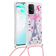 Funda Silicona Carcasa Goma Bling-Bling con Acollador Cordon Lanyard S02 para Samsung Galaxy A91 Rosa