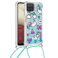 Funda Silicona Carcasa Goma Bling-Bling con Acollador Cordon Lanyard S02 para Samsung Galaxy F12 Azul Cielo