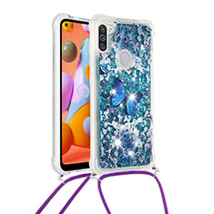 Funda Silicona Carcasa Goma Bling-Bling con Acollador Cordon Lanyard S02 para Samsung Galaxy M11 Azul