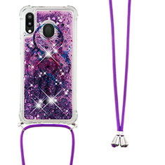 Funda Silicona Carcasa Goma Bling-Bling con Acollador Cordon Lanyard S02 para Samsung Galaxy M20 Morado