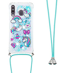 Funda Silicona Carcasa Goma Bling-Bling con Acollador Cordon Lanyard S02 para Samsung Galaxy M30 Azul Cielo