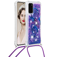 Funda Silicona Carcasa Goma Bling-Bling con Acollador Cordon Lanyard S02 para Samsung Galaxy S20 5G Morado