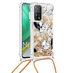 Funda Silicona Carcasa Goma Bling-Bling con Acollador Cordon Lanyard S02 para Xiaomi Mi 10T Pro 5G Oro