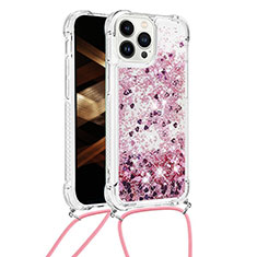 Funda Silicona Carcasa Goma Bling-Bling con Acollador Cordon Lanyard S03 para Apple iPhone 13 Pro Max Purpura Claro