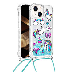 Funda Silicona Carcasa Goma Bling-Bling con Acollador Cordon Lanyard S03 para Apple iPhone 14 Plus Azul Claro