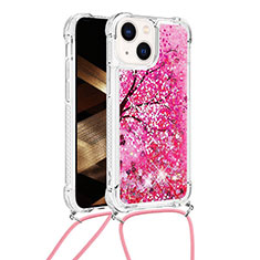 Funda Silicona Carcasa Goma Bling-Bling con Acollador Cordon Lanyard S03 para Apple iPhone 14 Plus Rosa Roja