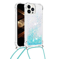 Funda Silicona Carcasa Goma Bling-Bling con Acollador Cordon Lanyard S03 para Apple iPhone 14 Pro Azul Cielo