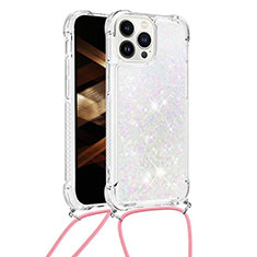 Funda Silicona Carcasa Goma Bling-Bling con Acollador Cordon Lanyard S03 para Apple iPhone 14 Pro Max Plata