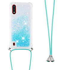 Funda Silicona Carcasa Goma Bling-Bling con Acollador Cordon Lanyard S03 para Samsung Galaxy A01 SM-A015 Azul Cielo