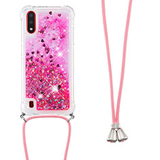 Funda Silicona Carcasa Goma Bling-Bling con Acollador Cordon Lanyard S03 para Samsung Galaxy A01 SM-A015 Rosa Roja