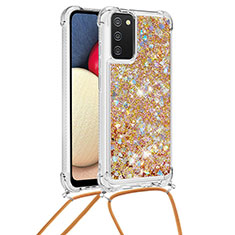 Funda Silicona Carcasa Goma Bling-Bling con Acollador Cordon Lanyard S03 para Samsung Galaxy A02s Oro