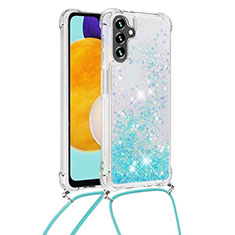 Funda Silicona Carcasa Goma Bling-Bling con Acollador Cordon Lanyard S03 para Samsung Galaxy A04s Azul Cielo