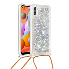 Funda Silicona Carcasa Goma Bling-Bling con Acollador Cordon Lanyard S03 para Samsung Galaxy A11 Plata