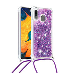 Funda Silicona Carcasa Goma Bling-Bling con Acollador Cordon Lanyard S03 para Samsung Galaxy A20 Morado