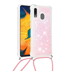 Funda Silicona Carcasa Goma Bling-Bling con Acollador Cordon Lanyard S03 para Samsung Galaxy A20 Rosa