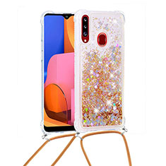 Funda Silicona Carcasa Goma Bling-Bling con Acollador Cordon Lanyard S03 para Samsung Galaxy A20s Oro